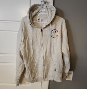 Pacific & Co Zip-Up Hoodie with Rainbow Smiley Embroidery - Light Beige